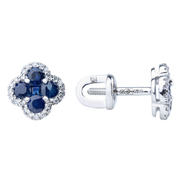 Серьги-пусеты из белого золота с сапфирами и бриллиантами